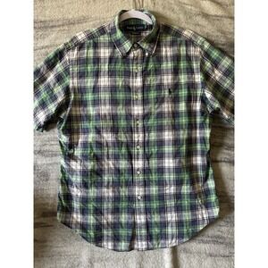 Polo Ralph Lauren Button Down Shirt Plaid Short Sleeve Mens L Large Green
